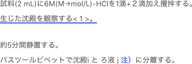 試料(2 mL)に6M(M→mol/L)-HClを1滴+２滴加え攪拌する。
生じた沈殿を観察する< 1 >。
約5分間静置する。パスツールピペットで沈殿i と ろ液 j 注）に分離する。